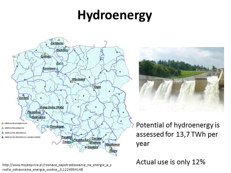 Hydroenergy  Potential of hydroenergy is assessed for 13,7 TWh per year  Actual